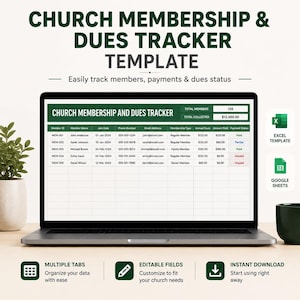 Church Membership & Dues Tracker Template | Donation Log, Tithe Record Spreadsheet, Google Sheets and Excel Finance Management