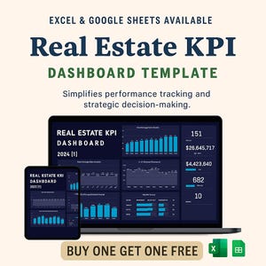 Può includere: Un laptop e un tablet mostrano un modello di dashboard KPI immobiliare. Il testo recita "Real Estate KPI Dashboard Template" con lo slogan "Semplifica il monitoraggio delle prestazioni e il processo decisionale strategico." L'immagine include anche il testo "Excel & Google Sheets Available."