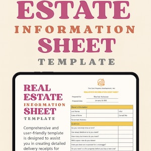Pode incluir: Um modelo digital de folha de informações imobiliárias exibido em um tablet. O modelo inclui campos para informações e perguntas. O título "REAL ESTATE INFORMATION SHEET TEMPLATE" está em letras grandes e em negrito.