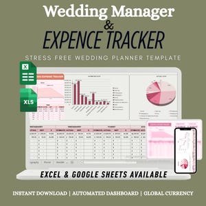 May include: A laptop displays a wedding expense tracker template with charts and tables. The text "Wedding Manager & Expense Tracker" is at the top. The template is available for Excel and Google Sheets. A smartphone shows a similar interface.