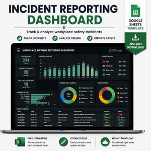 May include: A digital incident reporting dashboard displayed on a laptop screen, featuring charts, graphs, and data tables for tracking workplace safety incidents. The interface includes sections for total incidents, incident status, and recent logs.