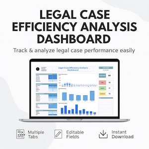 Puede incluir: Un portátil que muestra un panel de análisis de eficiencia de casos legales. La pantalla muestra gráficos y visualizaciones de datos con el texto "Legal Case Efficiency Analysis Dashboard". La imagen también incluye el texto "Track & analyze legal case performance easily."