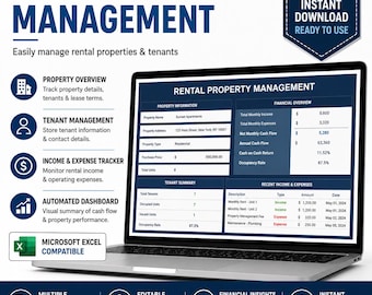 Rental Property Management Template for Excel Google Sheets, Property Dashboard, Landlord Income Expense and Tenant Tracker