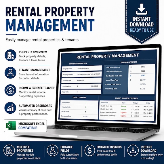 Rental Property Management Template for Excel Google Sheets, Property Dashboard, Landlord Income Expense and Tenant Tracker
