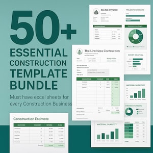 Op de afbeelding: Een verzameling bouwtemplates, waaronder facturen, dashboards en schattingen, met de tekst "50+ ESSENTIAL CONSTRUCTION TEMPLATE BUNDLE". De templates worden weergegeven op een teal achtergrond, met groene en witte accenten.
