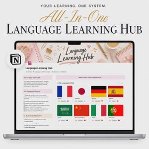 May include: A laptop screen displaying a digital Language Learning Hub dashboard. The interface features a My Language Portfolio section with various national flags, an onboarding checklist, and text including Your Learning. One System.
