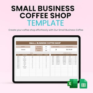 May include: A digital tablet displays a "Small Business Coffee Shop Template." The screen shows a spreadsheet with financial data, including "January" and "Total Amount: $3,170.20." The text "Create your coffee shop effortlessly" is also visible.