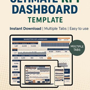 May include: A digital marketing dashboard template displayed on a tablet, laptop, and smartphone. The dashboard shows key performance indicators (KPIs), ROI, and engagement metrics. Text includes "ULTIMATE KPI DASHBOARD TEMPLATE" and "Instant Download".