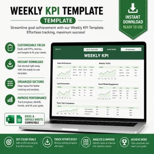 Weekly KPI Template Excel Google Sheets | KPI Dashboard | Business Performance Tracker | Weekly Metrics Dashboard