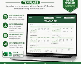 May include: A digital weekly KPI template displayed on a laptop screen, featuring sections for sales performance, website traffic, lead generation, social media engagement, and team task completion with charts and data tables in green and white.
