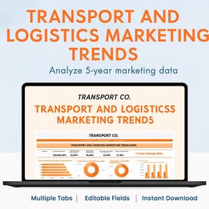 Può includere: Un laptop mostra una presentazione aziendale intitolata "Tendenze di marketing dei trasporti e della logistica". Lo schermo mostra visualizzazioni di dati e il testo "Analizza i dati di marketing a 5 anni". Testo aggiuntivo: "Multiple Tabs", "Editable Fields" e "Instant Download".