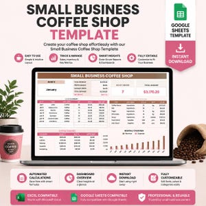 Könnte beinhalten: Eine digitale Small Business Coffee Shop Vorlage auf einem Laptop-Bildschirm mit Tabellen für Verkaufsübersicht, Inventar und Ausgaben. Die Benutzeroberfläche enthält datengesteuerte Berichte, Dashboards und automatisierte Berechnungen.