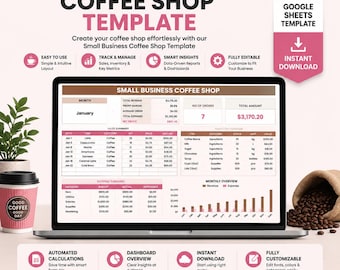 May include: A digital Small Business Coffee Shop template displayed on a laptop screen, featuring tables for sales summary, inventory overview, and expense summary. The interface includes data-driven reports, dashboards, and automated calculations.