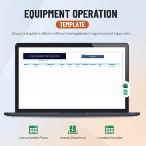 Puede incluir: Una computadora portátil muestra una "PLANTILLA DE OPERACIÓN DE EQUIPOS" con una guía estructurada para una gestión eficiente de equipos. La pantalla muestra una hoja de cálculo con encabezados azules y campos de datos. Los iconos de abajo indican campos personalizables, descarga instantánea y secciones detalladas.