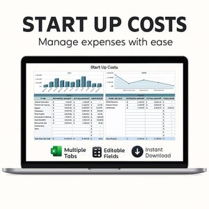 Modelo de Custo Inicial para Excel e Planilhas Google | Orçamento para Lançamento de Negócios, Rastreador de Despesas, Planejador de Previsões, Planilha Editável
