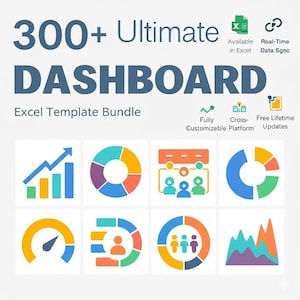 Peut inclure: Un graphique num&eacute;rique pour un ensemble de mod&egrave;les Excel 300+ Ultimate Dashboard. Le texte inclut Available in Excel, Real-Time Data Sync, Fully Customizable, Cross-Platform et Free Lifetime Updates. Huit ic&ocirc;nes color&eacute;es montrent des graphiques.