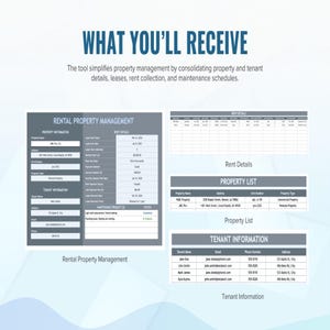 Puede incluir: Una herramienta digital de gesti&oacute;n de alquileres con un panel principal que muestra detalles de propiedades, inquilinos y alquileres. Incluye tablas separadas para detalles de alquiler, lista de propiedades e informaci&oacute;n de inquilinos.