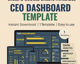 Peut inclure: Image de marketing numérique présentant un modèle de tableau de bord de PDG, compatible avec Excel et Google Sheets. L'image affiche un ordinateur portable, une tablette et un smartphone, tous affichant des visualisations de données. Le texte comprend "CEO DASHBOARD TEMPLATE".