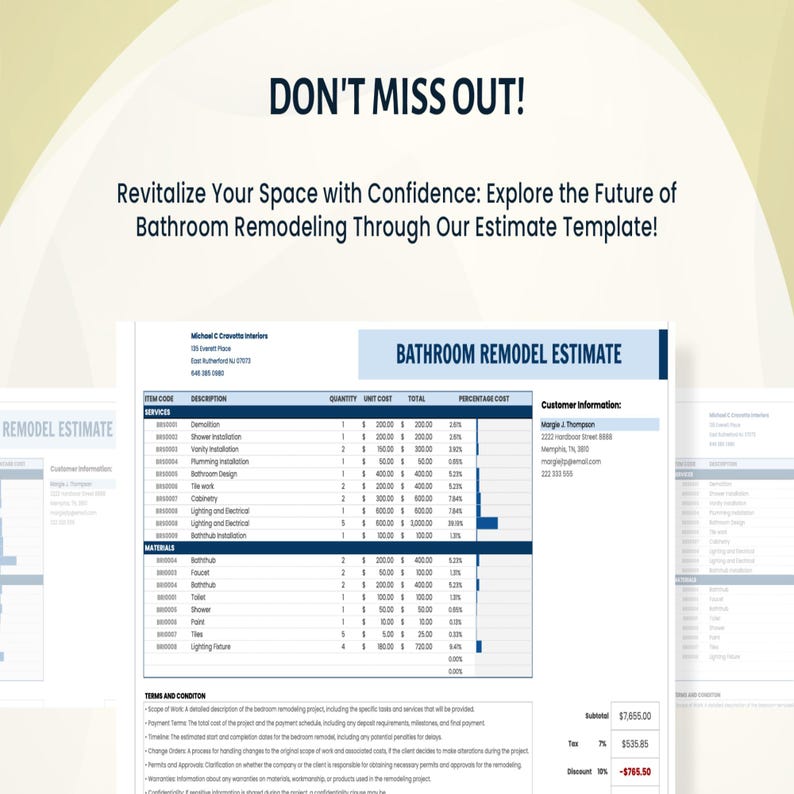 Bathroom Remodel Estimate Template • Excel & Google Sheets • Bathroom