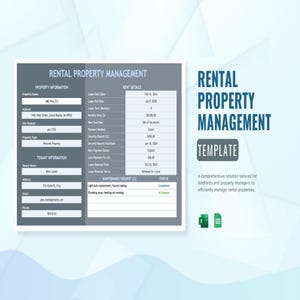 Puede incluir: Una plantilla digital de gesti&oacute;n de propiedades de alquiler con secciones para informaci&oacute;n de la propiedad, detalles del inquilino, detalles del alquiler y solicitudes de mantenimiento, incluyendo iconos de Excel y Sheets en el documento.