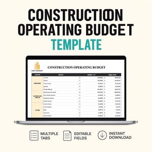 Puede incluir: Un portátil muestra una plantilla de presupuesto operativo de construcción. La pantalla muestra una hoja de cálculo con columnas para costos, región y cantidades. El texto "CONSTRUCTION OPERATING BUDGET TEMPLATE" está en la parte superior. Iconos debajo indican pestañas múltiples, campos editables y descarga instantánea.