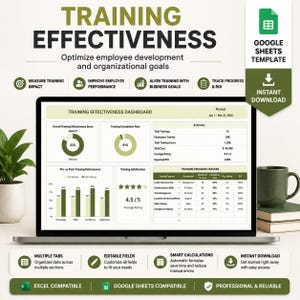 May include: A digital Training Effectiveness Dashboard displayed on a laptop screen, featuring data visualizations like pie charts, bar graphs, and a summary table for tracking employee development, performance, and organizational training goals.