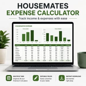 May include: A laptop screen displaying a Housemates Expense Calculator spreadsheet with bar charts for income and expenses, plus a table of monthly costs. Below the screen, icons indicate multiple tabs, editable fields, and instant download.
