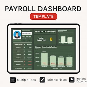 Op de afbeelding: Een digitaal salarisdashboard-sjabloon weergegeven op een tablet. Het scherm toont financiële gegevens, grafieken en de tekst "PAYROLL DASHBOARD" en "TEMPLATE". Extra tekst omvat "Multiple Tabs", "Editable Fields" en "Instant Download".