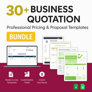 Puede incluir: Imagen promocional de plantillas de presupuestos comerciales. La imagen presenta un portátil que muestra un presupuesto, varias tabletas con diferentes diseños de presupuestos e iconos para plantillas listas para usar, campos personalizables y descarga instantánea.