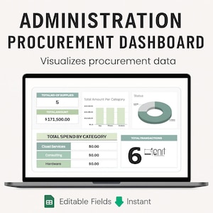 May include: A laptop screen displaying a procurement dashboard with data visualizations. The dashboard includes charts, graphs, and numerical data, such as total supplies, total amount, and total transactions. The text "ADMINISTRATION PROCUREMENT DASHBOARD" is at the top.