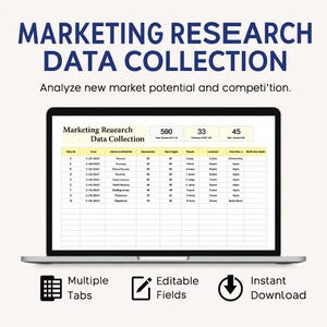 May include: A laptop displays a spreadsheet titled "Marketing Research Data Collection." The screen shows data analysis with columns and rows. Below the laptop are icons for multiple tabs, editable fields, and instant download.