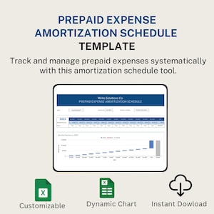 May include: A digital template for a prepaid expense amortization schedule. The image shows a tablet displaying a spreadsheet with financial data, along with icons for customisation, dynamic charts, and instant download. Text reads: "PREPAID EXPENSE AMORTISATION SCHEDULE TEMPLATE."