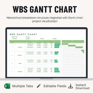 May include: A digital display of a WBS Gantt Chart, with the title "WBS GANTT CHART" at the top. The chart is green and white, with columns for tasks, start and end dates, and progress. The bottom of the screen displays "Multiple Tabs", "Editable Fields", and "Instant Download".