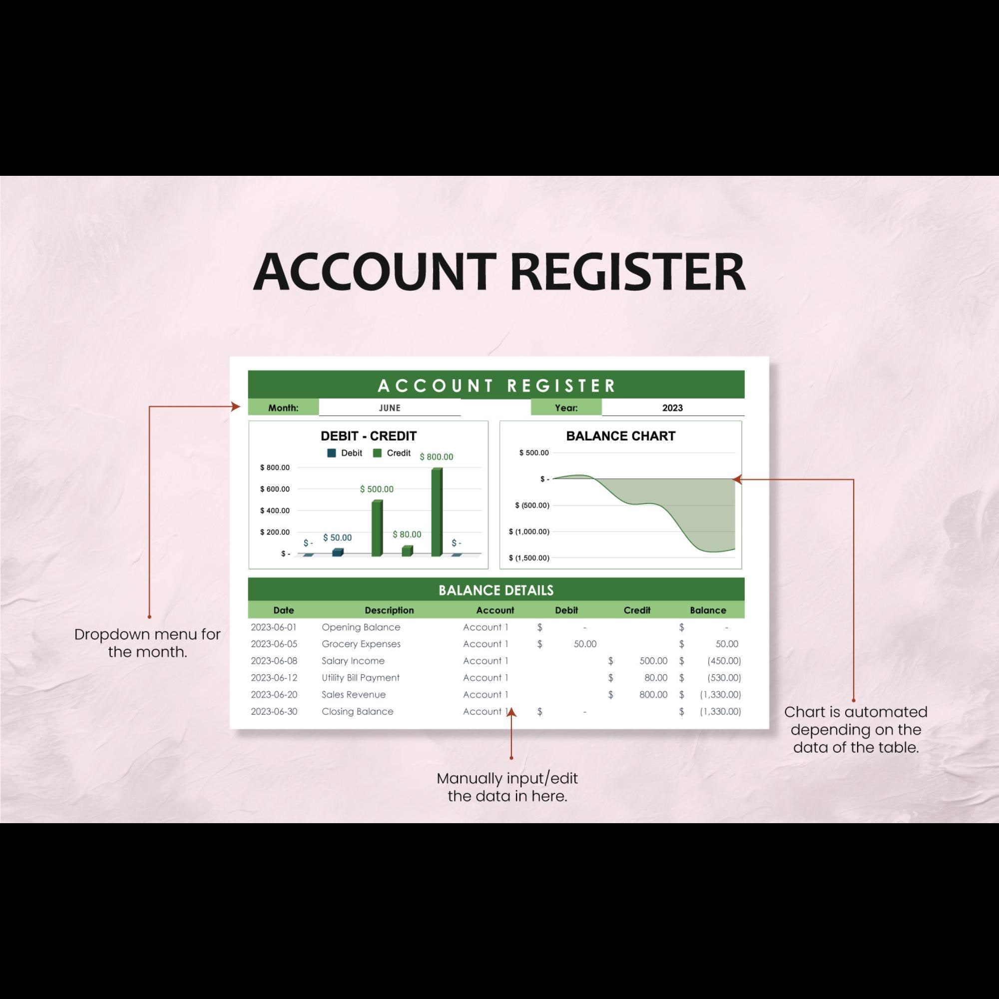 Account Register Template Excel Google Sheets – Transaction Log, Debit ...