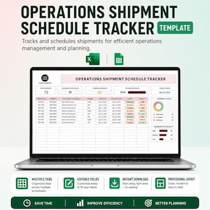May include: A digital operations shipment schedule tracker template displayed on a laptop screen. The interface features data tables for shipment IDs, order IDs, customer destinations, carriers, dates, status, and priority, alongside charts.