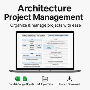 Puede incluir: Una computadora portátil muestra una plantilla de gestión de proyectos con el texto "Architecture Project Management". La pantalla muestra una hoja de cálculo detallada. Los iconos de Excel, Google Sheets, múltiples pestañas y descarga instantánea están en la parte inferior.