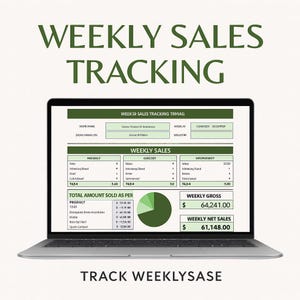 Puede incluir: Un portátil que muestra una hoja de cálculo de seguimiento de ventas semanales. La pantalla muestra datos organizados en columnas y filas, con un gráfico circular y cifras financieras. El texto "WEEKLY SALES TRACKING" está en la parte superior.
