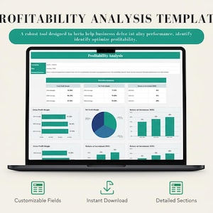 May include: A laptop screen shows a "PROFITABILITY ANALYSIS TEMPLATE" with a teal and white spreadsheet. The template includes charts and graphs for data analysis. Below the laptop are icons for "Customizable Fields", "Instant Download", and "Detailed Sections".