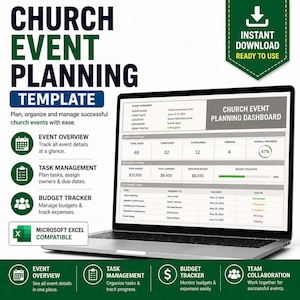 Op de afbeelding: Een digitaal sjabloon voor het plannen van kerkelijke evenementen op een laptopscherm, met een dashboard voor evenementoverzicht, taakbeheer en budgettracking. De interface bevat labels voor evenementoverzicht, taakbeheer en budgettracker, met een Microsoft Excel-compatibel pictogram. Het ontwerp gebruikt een professionele lay-out met groene en donkerblauwe accenten om evenementdetails, taakstatus en financiële gegevens te organiseren.