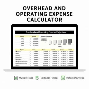 Puede incluir: Una pantalla de portátil muestra una "Calculadora de gastos generales y operativos". La hoja de cálculo muestra proyecciones de gastos anuales. La imagen incluye múltiples pestañas, campos editables y una opción de descarga instantánea. El título está en negrita y en negro.