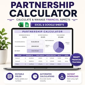 May include: A laptop screen displays a Partnership Calculator spreadsheet for Excel and Google Sheets. The interface shows financial data including partnership return, net profit, total investment, revenue, expenses, and a profit distribution pie chart.