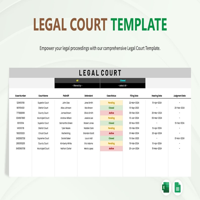 Court Case File Example Legal Court Template Excel Google Sheets | Case Management Spreadsheet ...