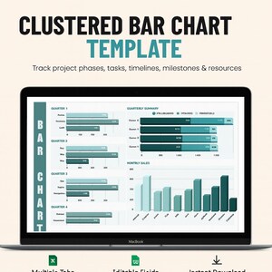 Puede incluir: Una computadora portátil muestra una plantilla de gráfico de barras agrupadas con el texto "CLUSTERED BAR CHART TEMPLATE". El gráfico rastrea las fases, tareas, cronogramas, hitos y recursos del proyecto. La pantalla muestra datos de ventas trimestrales y mensuales.