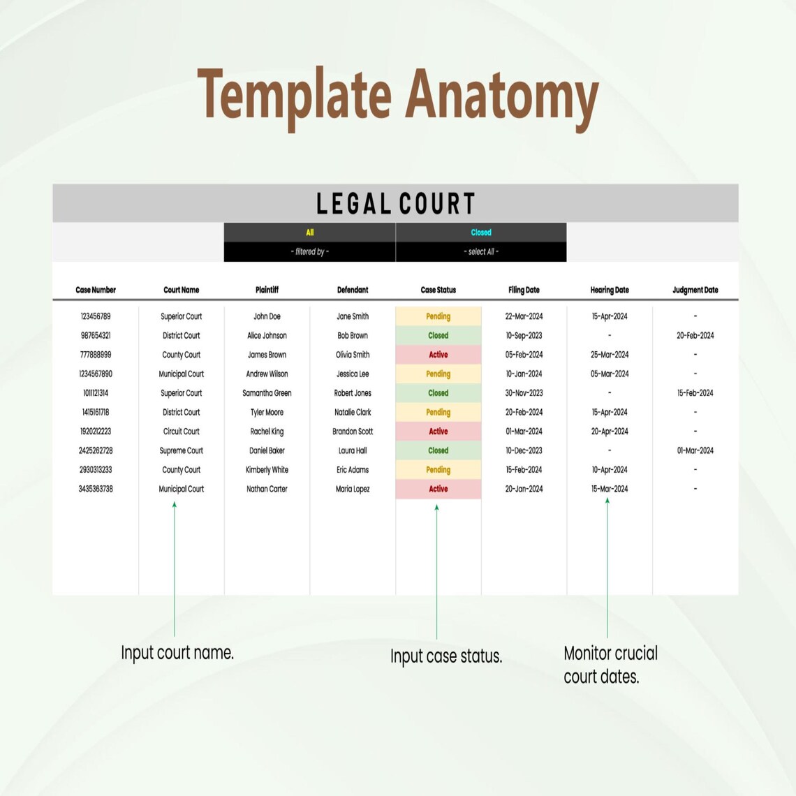 Legal Court Template Excel Google Sheets | Case Management Spreadsheet ...