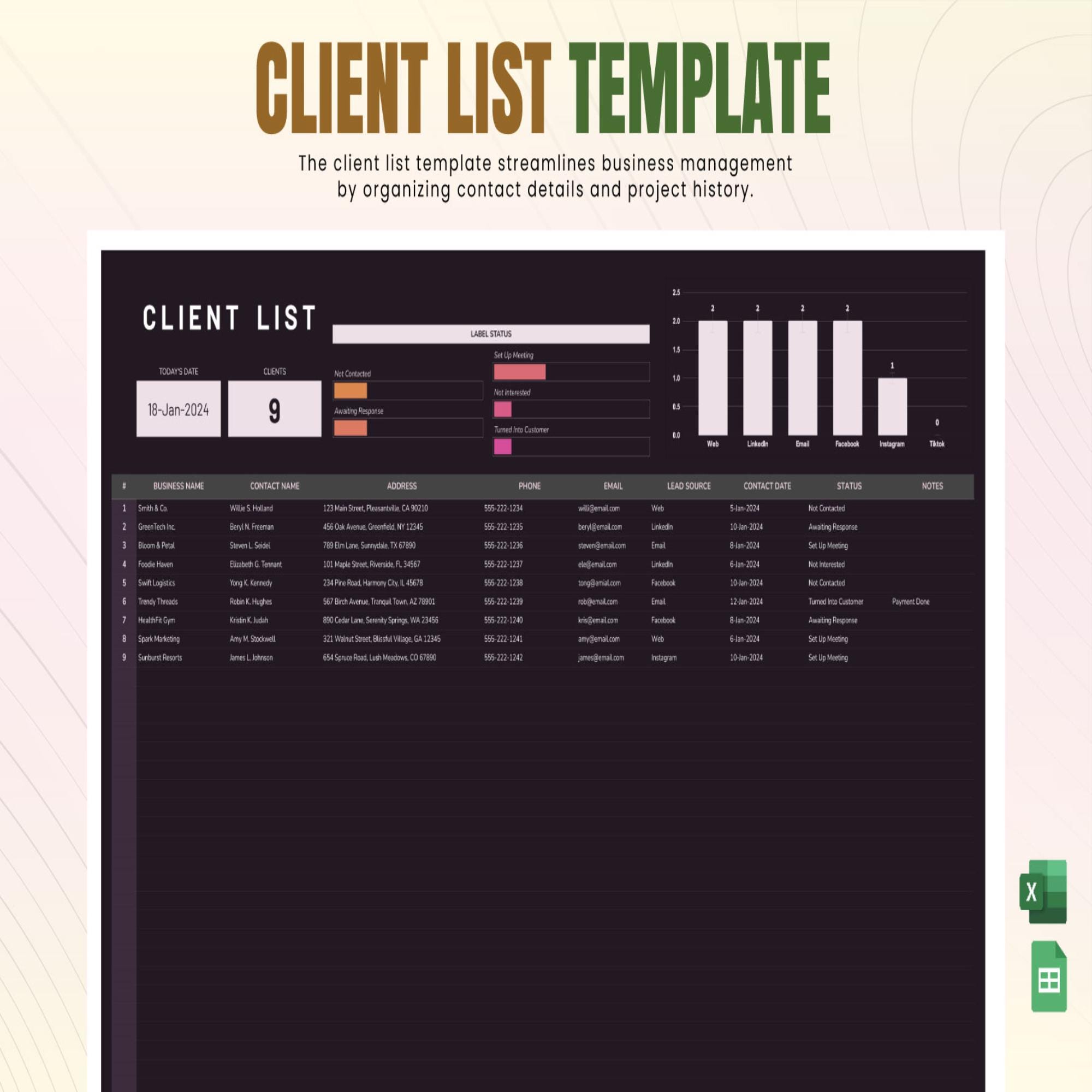 Client List Template Excel | Customer Database Spreadsheet | CRM ...