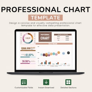 以下が含まれることがあります： ラップトップには、データ視覚化を備えたプロフェッショナルなチャートテンプレートが表示されています。画面には円グラフ、棒グラフ、販売タイムラインが表示されます。画面のテキストは「PROFESSIONAL CHART TEMPLATE」です。ラップトップの下には、カスタマイズ可能なフィールド、インスタントダウンロード、詳細セクションのアイコンがあります。