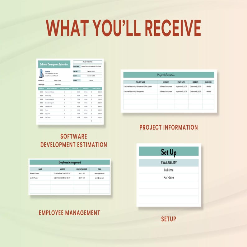May include: An image with the text "WHAT YOU'LL RECEIVE" at the top. Below are four rectangular documents with titles: "Software Development Estimation", "Project Information", "Employee Management", and "Setup". The documents contain tables and lists.
