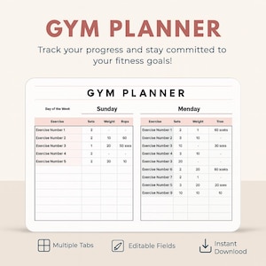 Mall för gymplanerare • Excel och Google Sheets • Träningsspårare • Träningsschema och målorganisatör • Digital nedladdning