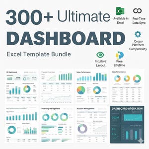 Könnte beinhalten: Eine digitale Grafik, die ein Excel-Vorlagenpaket mit dem Text "300+ Ultimate DASHBOARD" zeigt. Das Bild enthält verschiedene Dashboard-Beispiele mit Diagrammen und Grafiken sowie Symbole, die Funktionen wie Echtzeit-Datensynchronisierung und plattformübergreifende Kompatibilität anzeigen.