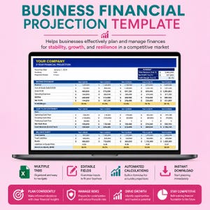 May include: A digital business financial projection template displayed on a laptop screen, featuring an income statement, cash flow statement, and balance sheet. The layout includes sections for company details, summary metrics, and five-year projections in USD.